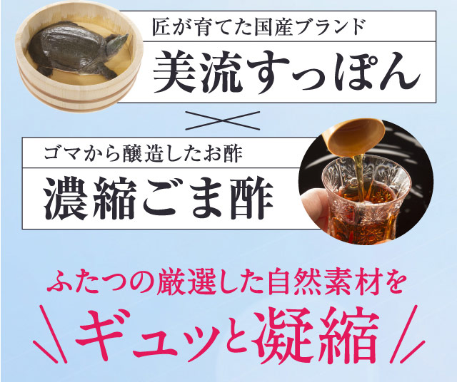 匠が育てた国産ブランド　美流すっぽん　ゴマから醸造したお酢　濃縮ごま酢　ふたつの厳選した自然素材をギュッと凝縮