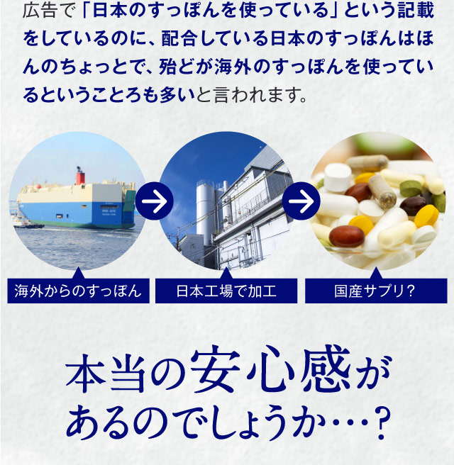 広告で「日本のすっぽんを使っている」という記載をしているのに、配合している日本のすっぽんはほんのちょっとで、殆どが海外のすっぽんを使っているということろも多いと言われます。　海外からのすっぽん　日本工場で加工　国産サプリ？　本当の安心感があるのでしょうか…？